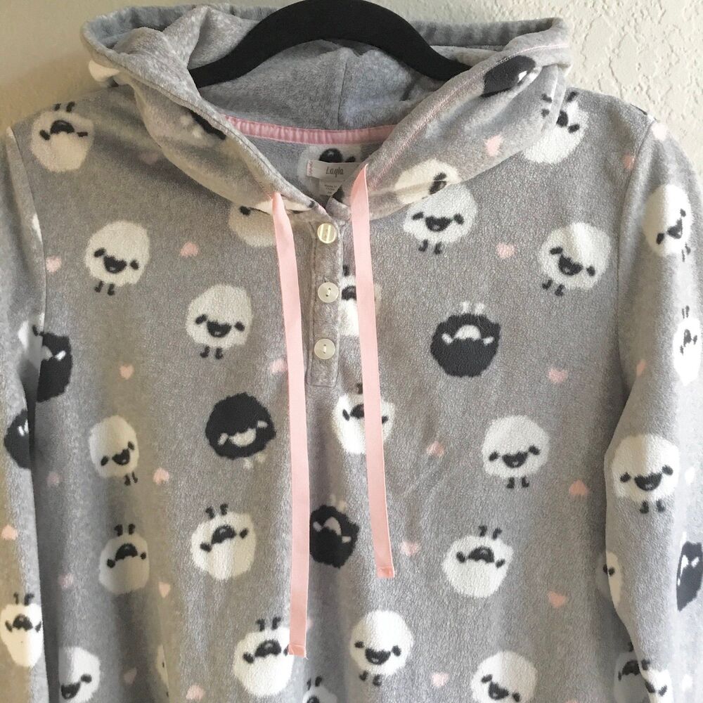 Hooded fleece sheep pj top nightwear ears on hood loungewear grey black white M - Picture 3 of 8
